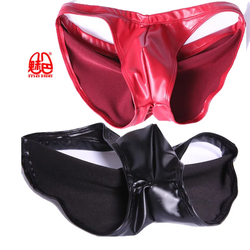 

Soft Fashion Men Briefs Sexy Package buttocks PU Faux Leather Underwear Glossy Silky Low Waist U Convex Pouch Erotic Lingeries