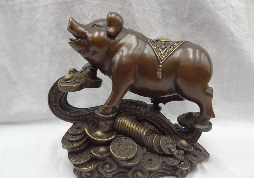 

S4544 10" Chinese Year Zodiac Bronze Fu Wealth YuanBao Coin Pig On Dragon RuYi Statue D0318
