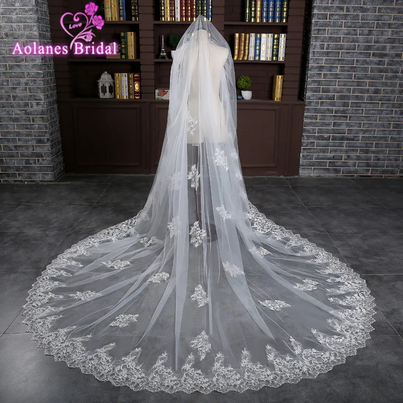 Luxury 3 m Sequined Lace Appliques Wedding Veils Long Tulle Ivory/White