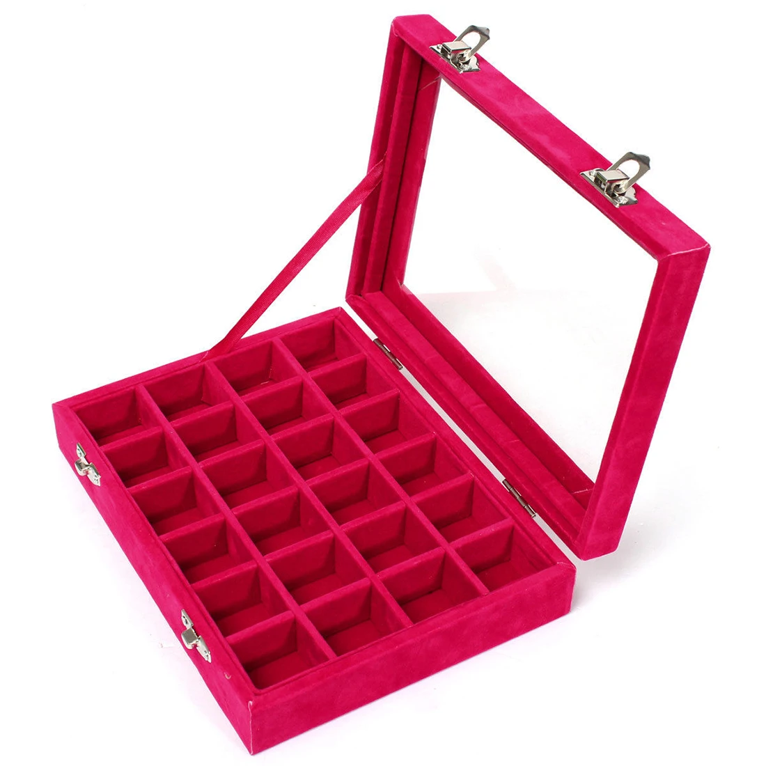 

24 grid Display Box Jewelry Storage Glass Bracelet Watch pillow Buckle Rose Red