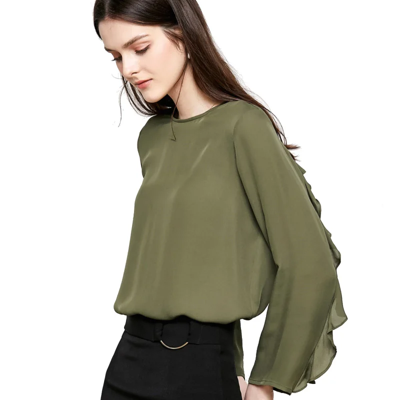 Женская шелковая блузка, натуральный шелк, креп, одноцветная блузка для женщин, о-образный вырез, длинный рукав, рубашка, весна, новинка, офисные женские блузки - Цвет: Армейский зеленый