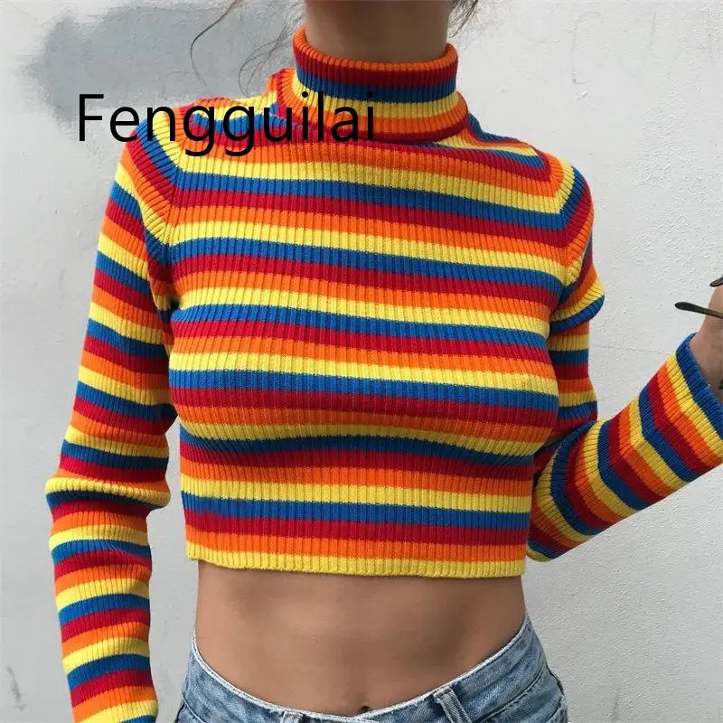 

young women turtleneck fashion rainbow sweaters knitted pullovers women 2019 new winter sweater loose pullover jumpers female