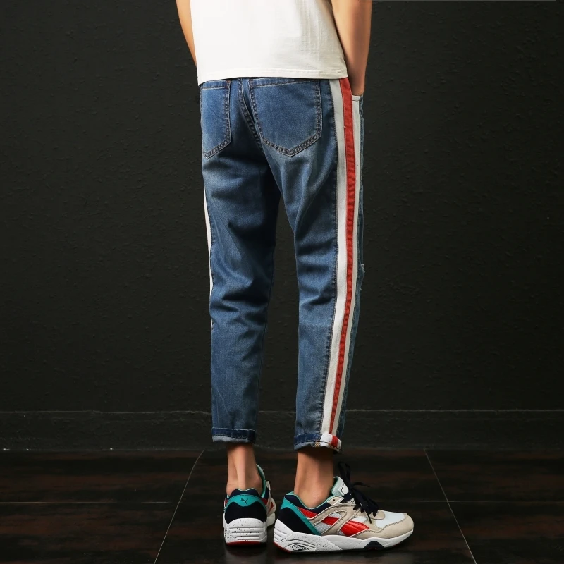 2018 New Original Men Fashion Casual Blue Holes Side Stripe Cowboy Pants Stretch Slim Fit Jeans Homme Denim Trousers Plus Size 