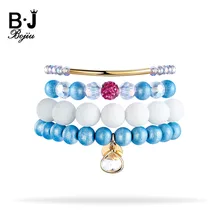 

Bojiu Blue Wood Bead with Pear Bezel Pendant White Ceramic Bead Gold copper Bar 4pcs/set with Fuchsia stone Bead Stack Bracelets