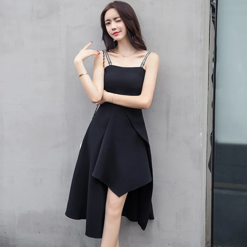

Women's 2019 new irregular suspenders fashion temperament black dress dress mid-summer long