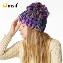 Зимние женские шапки, настоящий мех кролика, зимние шапочки, вязаная шапка, женская шапка в полоску для девочек