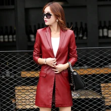 Новинка осень-зима Для женщин кожаная куртка средней длины леди Искусственная кожа пальто Slim Fit Верхняя одежда с одной кнопки kl6607