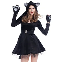Umorden Хэллоуин Праздник Пурим костюмы для женщин взрослое животное, черная кошка костюм Облегающий комбинезон женщины-кошки Косплей с капюшоном платье m-xl