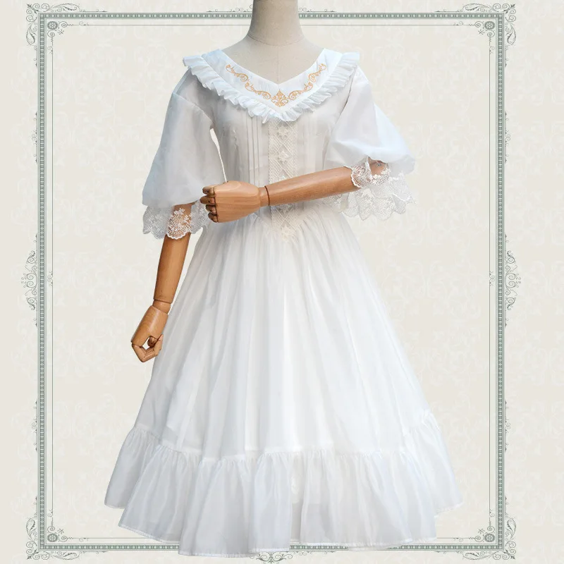 

2019 New Classic Lolita Dress Sweet V Neck Embroidered Half Sleeve Chiffon Dress for Women Black/White