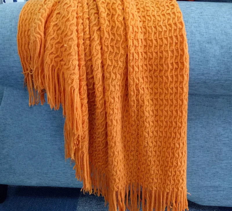 

Nordic Style Orange Throw tassel Blankets Single Weave Reticular Plaid Sofa Cover Carpet Plaid Bedspreads Blanket 130x170cm