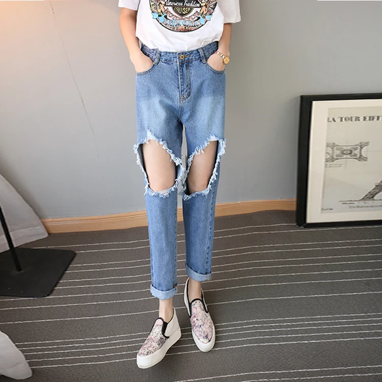 Spring 2017 Womens Blue Cotton Blend Hole Loose Harem