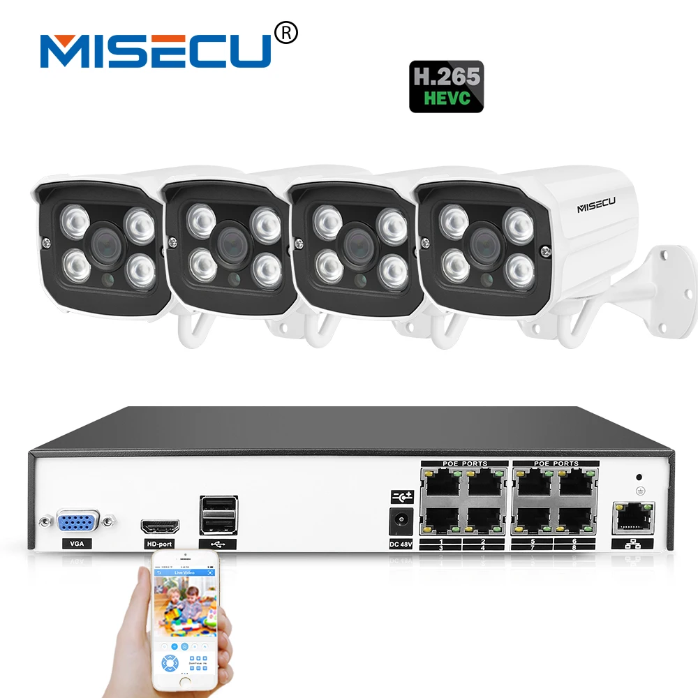 

MISECU 4K H.265/H.264 48V 8CH POE 4.0MP Hi3516D OV4689 P2P POE plug-play HDMI Metal Array Enhanced Night Vision Motion System