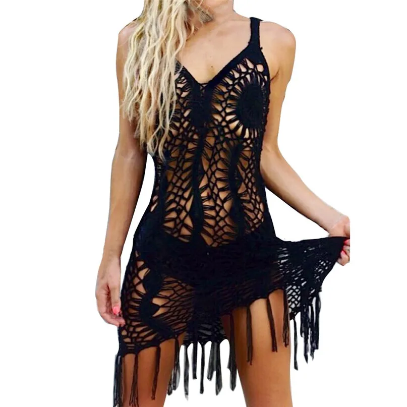 2018 Summer Women Dress Beach Tassel Dress Sleeveless Skirt Beach pareo Swimwear V neck Loose Beach wear #3j03#F (4)