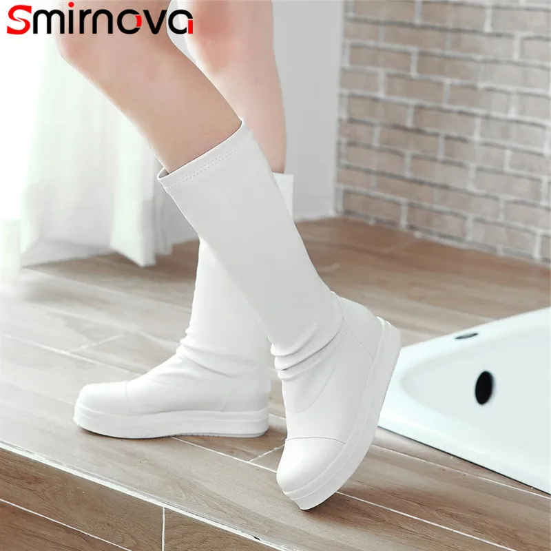 

Smirnova black white fashion autumn winter shoes woman round toe casual ladies mid calf boots flat with big size 34-42