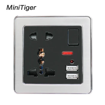 

13A Universal 5 Hole Switched Wall Socket With Neon 2.1A Dual USB Charger Port LED indicator Black Stainless Steel Frame