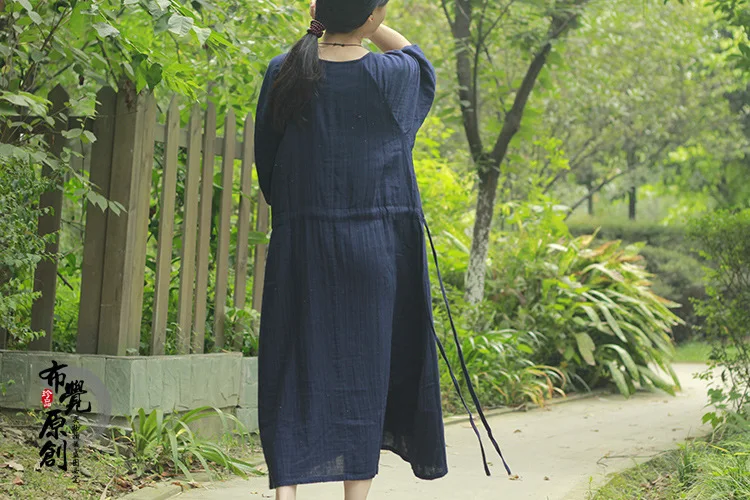 Дизайн с короткими рукавами хлопчатобумажное платье Арт Фан свободные халат осень мягкие женские платье темно-синие d752