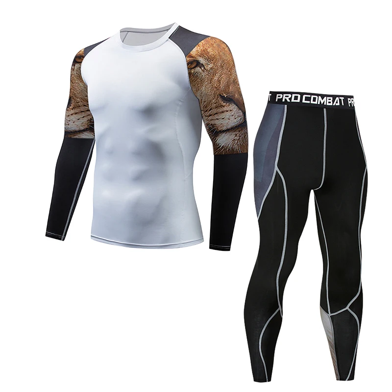 

Rashguard MMA Long Sleeve Crossfit Men's Compressed 3D Lion Head Flower Arm T-Shirt Sportswear Set Men's Warm Fitness Wear Men's