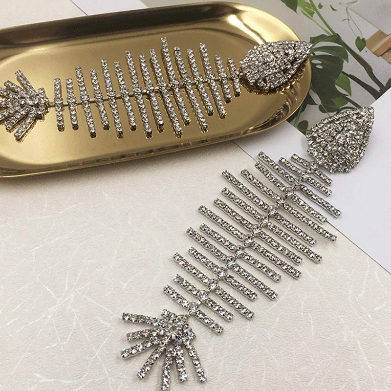 Exaggerated Gold Silver Fish Bone Earrings Super Flash Full Rhinestone Curved Big Earrings Fish Animal Personality Drop Earrings