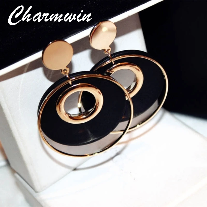 

Charmwin Large Round Earrings For Women Fashion Jewelry Exaggerated Gold Color Circle Wood Earrings Black Red Big Dangle Earring