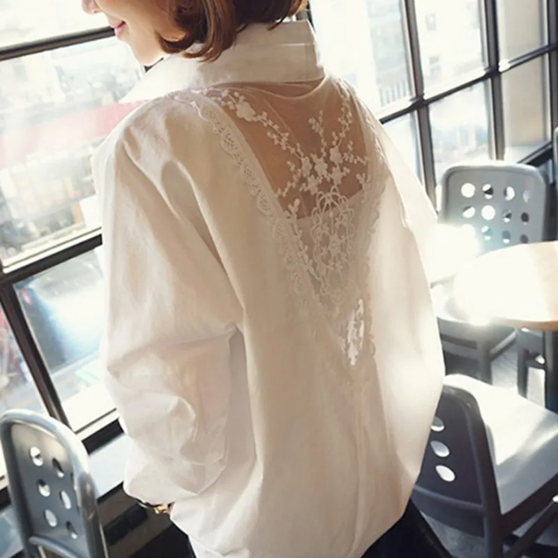 

2019 New White Shirt Women Autumn Long Sleeve V Collar Blouses Tops Female Lace Shirts Solid Casual Blouse Women Clothing