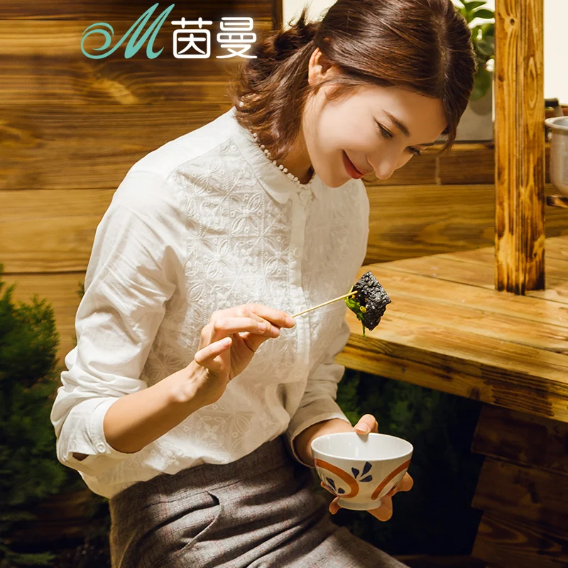 INMAN Women Tops and Delicate Embroidered Ladies Blouse Stand Collar Cotton Shirt Long Sleeves Whit