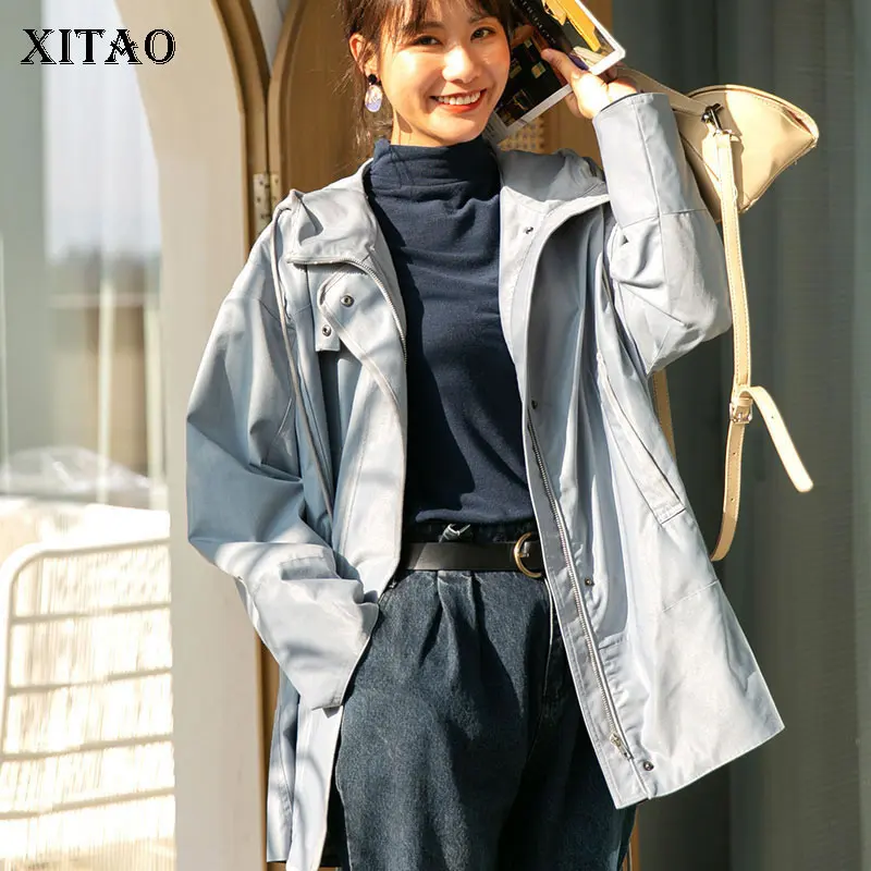 [XITAO] простой стиль женский Корея модное пальто 2019 Весна повседневное длинный рукав сплошной цвет с капюшоном воротник карман Тренч DLL2617