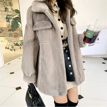 

Denmark Mink Whole Fur Women Long Coat with turn-down Collar Winter Thick Slim Warm Female Mink Fur Jacket