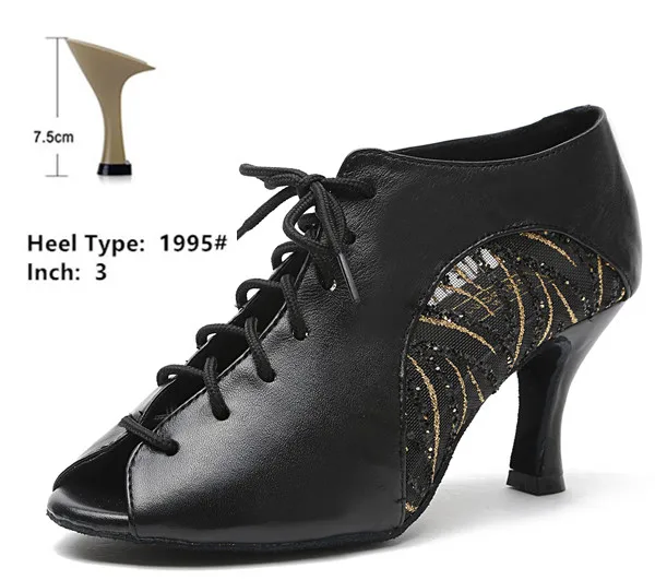 Профессиональная женская Обувь для бальных и латиноамериканских танцев; кожаная обувь для танго черного и красного цветов; женская обувь с открытым носком для сальсы; женская туфли для латинских танцев кожаные - Цвет: black 7.5cm