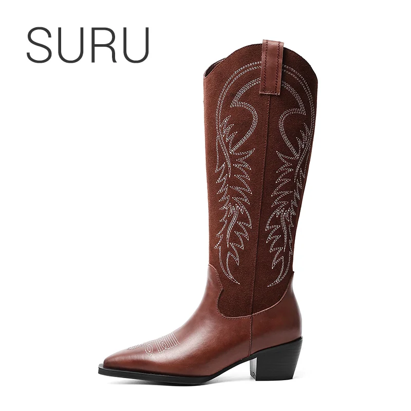 

SURU Leather Embroidered Riding Boots Women Block Heels Pointed Toe Equestrain Boots Black Or Coffee
