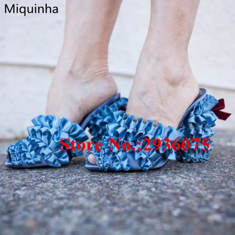 

Sky Blue Satin Silk Ruffles Summer Mules Peep Toe Floral Pleated Bow Tie Block Heels Slides Runway Women Slippers Shoes Woman