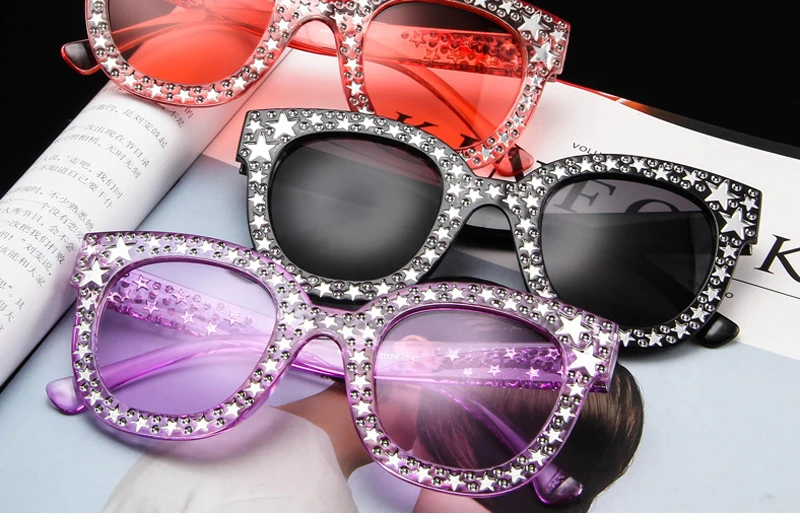 Shiny Stars Sunglasses Women Vintage Retro Square Shape Oversized Sun Glasses Fake Rhinestone Star Shades UV Protection oversized square sunglasses