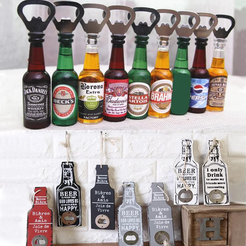 

Multifunctional Bottle Opener Creative Wine Bottle Shape Magnetic Stainless Steel Retro Wooden Beer Bottle Opener Wall Hanging