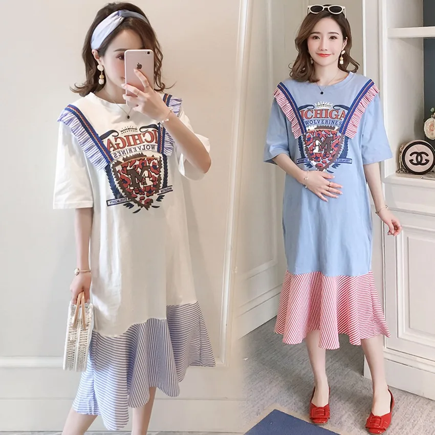 

2019 summer new fashion maternity dress striped fishtail stitching large size dress Korean version of loose pregnancy skirt