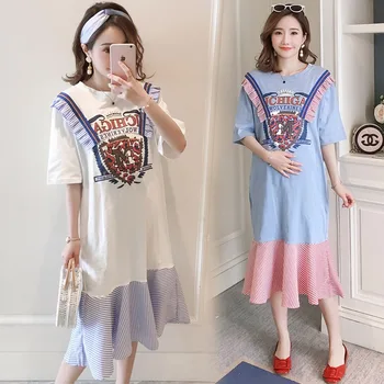 

2019 summer new fashion maternity dress striped fishtail stitching large size dress Korean version of loose pregnancy skirt