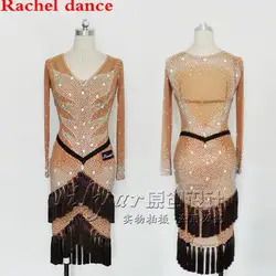 Профессиональный алмазный кисточки V Воротник для латинских танцев костюм Леди для сцены Танцы юбка Для женщин с длинным рукавом Samba