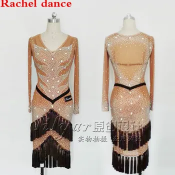 

Professional Diamond tassels V collar Latin Dance Costume Lady's Stage Dancing Skirt Women Long Sleeve Samba Latin Dance