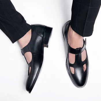 

US 6-10 Men Summer Close Toe Low Heel Hollow Out Full Grain Leather Sandals Business Man Trendy Shoes Breathable