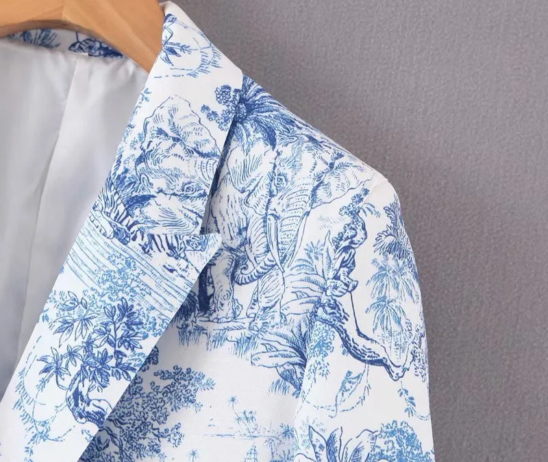 ROHOPO Women Floral Blazer Vintage Holiday Animals Girl Vogue Slim Notched Collar Outwear Office Ladies Slim Fit Blazer #BM2211
