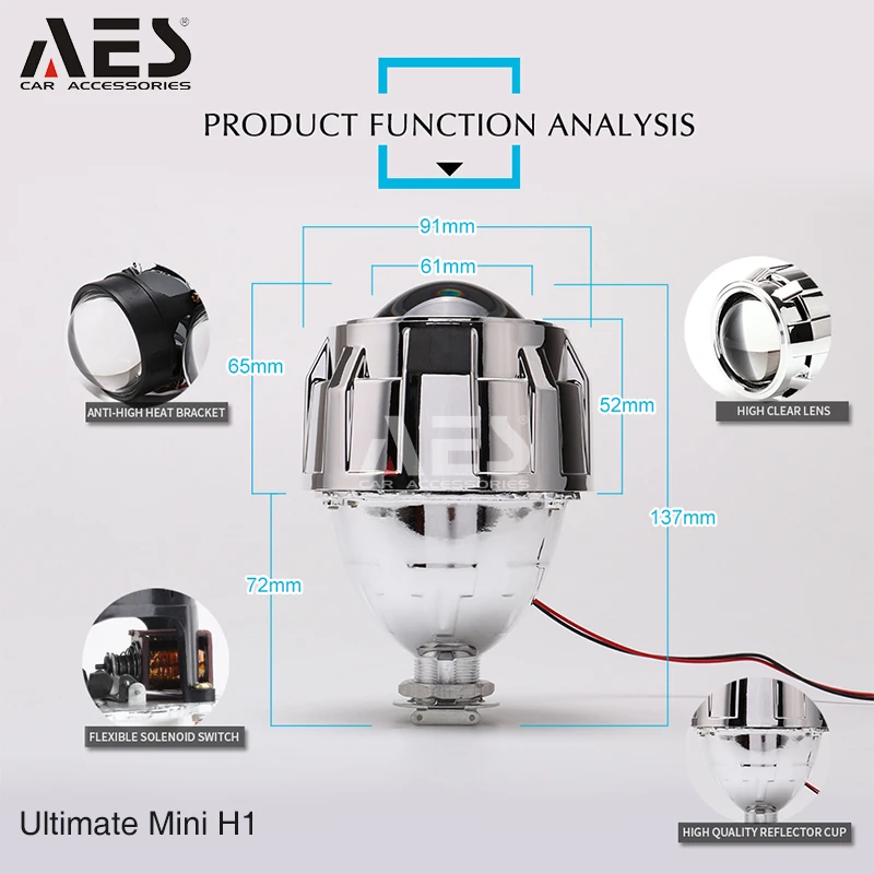 

AES 2.5inch Ultimate Mini H1 HID Bi-xenon Projector Lens blue sharp cutoff for H1/H11/H13/9005/9006/9007 Car Headligh Housings