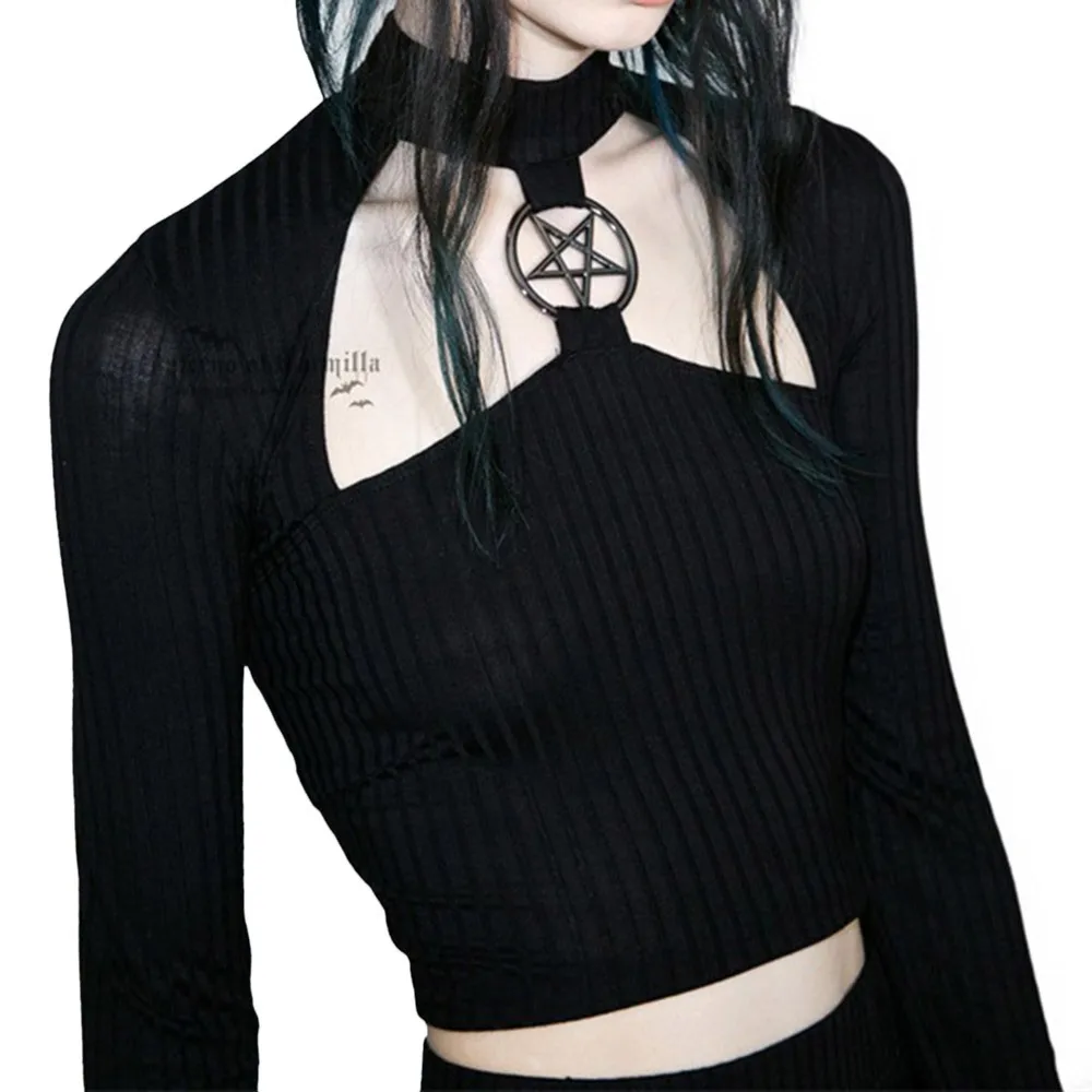 Economici Rosetic Gotico Top Corto Sottile Nero Hollow Pentagram Magliette e camicette Delle Donne di Autunno Streetwear Moda Pantaloni A Vita Bassa Sexy del Randello Ombelico T Camicette Della Ragazza