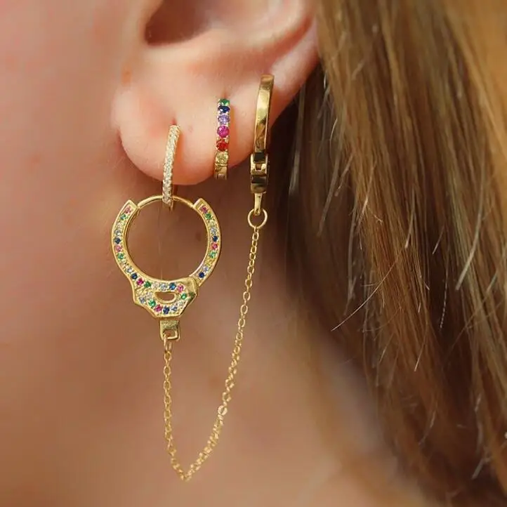 

100% 925 sterling silver rainbow colorful cz earring fashion women girl double piercing handcuffs gold chain luxury jewelry