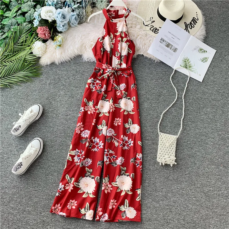 

Boho Vintage Halter Neck Summer Floral Print Full Length Bandage Jumpsuit Casual Women Bohemian Sashes Beach Holiday Tie Romper