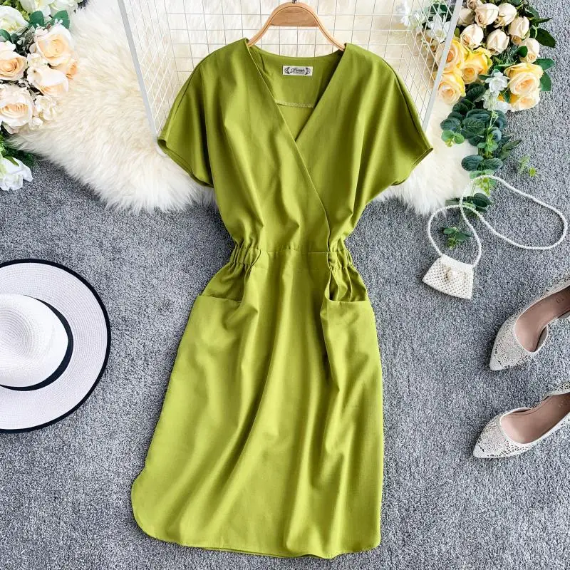 

Fashion V Neck Summer Party Midi Dress Women Vestido de festa Jurkjes Casual Pocket Beach Robes High Waist Knee Length Vestidos