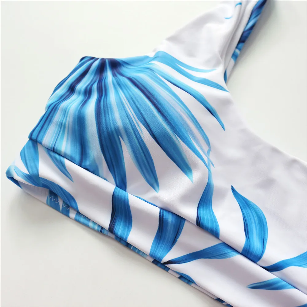 Billig Sexy Scoop Neck Weiß Tropical Palm Blatt Hohe Taille Bikini 2020 Dame Bademode Frauen Sport Badeanzug Weibliche Schwimmen Badeanzug