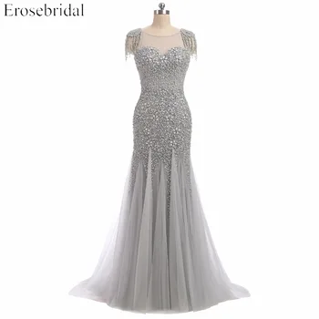 

Erosebridal Grey Beaded Mermaid Evening Dress Sheer Neck Elegant Long Pearls Prom Gowns U Back Neck Design Drop Shipping