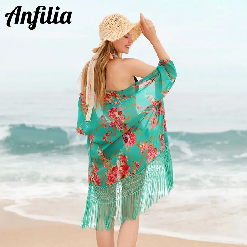 Женское кимоно Anfilia, сексуальное бикини, шифон, накидка, кардиган, купальник, пляжная одежда - Цвет: 9083GRE