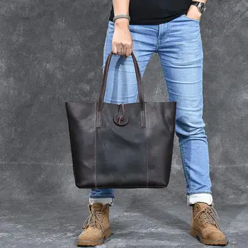 

Men and women handbags Unisex crazy horse female tote shoulder bag genuine leather retro large capacity handbags