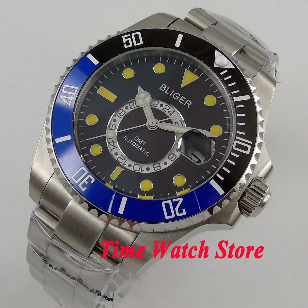 Bliger 43mm black dial Luminous black blue Ceramic Bezel sapphire glass GMT Automatic movement Men's watch 203 Bliger 43mm black dial Luminous black blue Ceramic Bezel sapphire glass GMT Automatic movement Men's watch 203