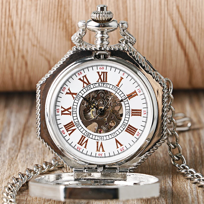 

Fashion Silver Roman Numbers Octagon Shaped Exquisite Pocket Watch Mechanical Hand Winding Fob Clock Relogio De Bolso