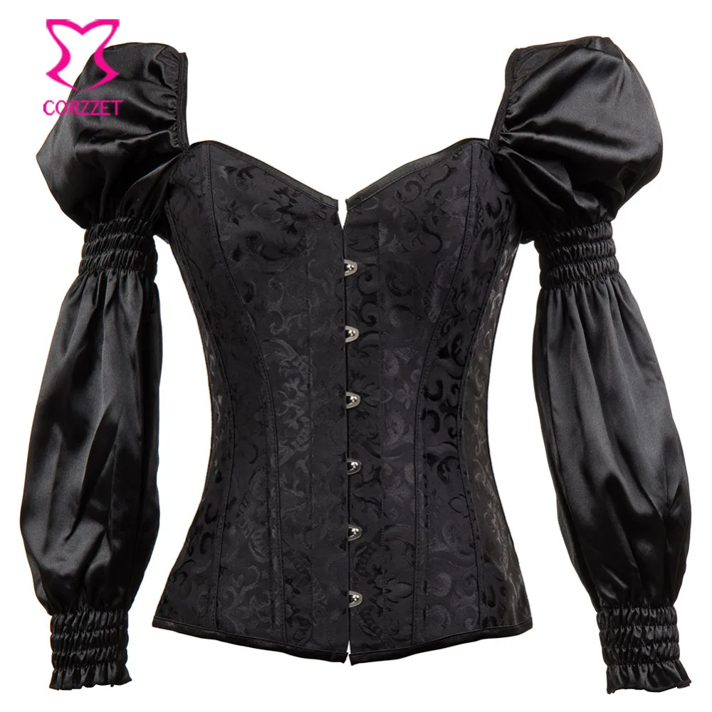Victorian Retro Corsets And Bustiers With Puff Long Sleeve Black Gothic Corset Plus Size Korsett For Women Steampunk Clothing
